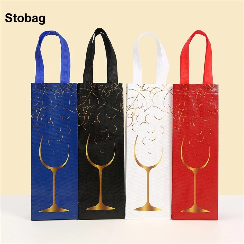 

StoBag 12pcs Non-woven Gift Tote Bags for Red Wine Packaging Fabric Cloth Handbag Waterproof Storage Reusable Pouches Party