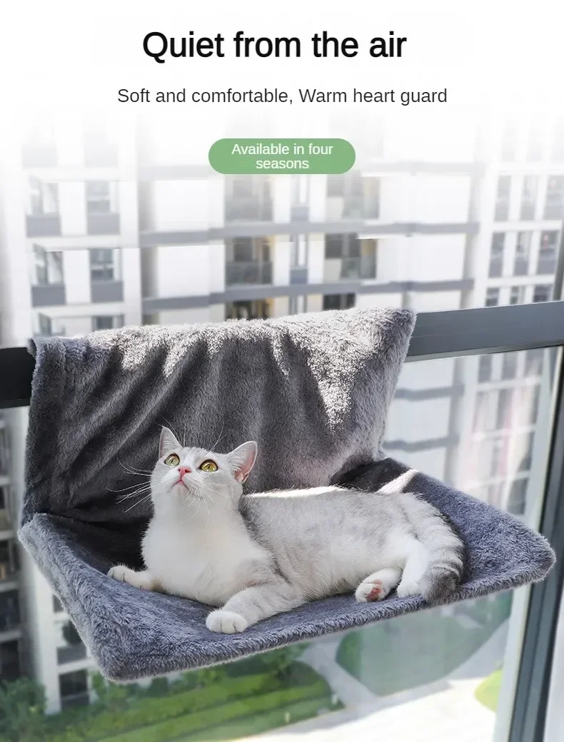 Plush L-shaped Cat Hammock Frame Bed Suspended Cat Nest Bedside Stool Window Sill Cat Mat Metal Iron Frame Beige Grey