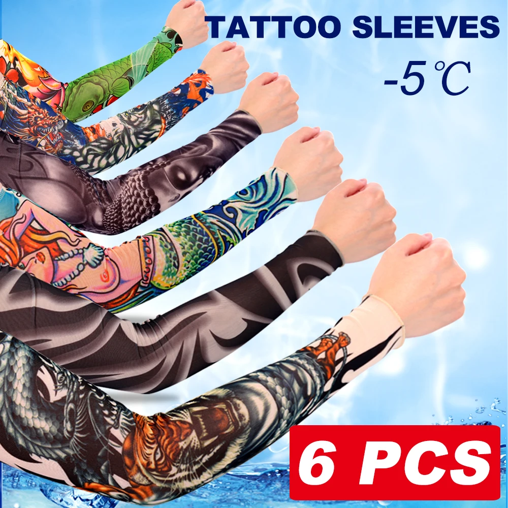 6pcs Men Long Summer Tattoo Sleeves Seamless Armguard Sun Protection Cover Outdoor Gloves Driving Ice Silk Women Arm Sleeves