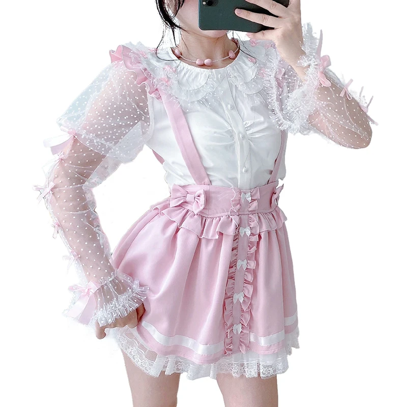 

Pink Skirts Women Harajuku Lolita Style Multilayer Lace Trim Elastic Waist Mini Skirt for Sweet Girls Kawaii Clothes