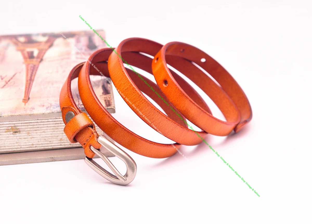 Alloy PIn Buckle Women Belt Orange Genuine Cowhide Leather Female Waist Belt Simple Thin Waistband for Dress Coat