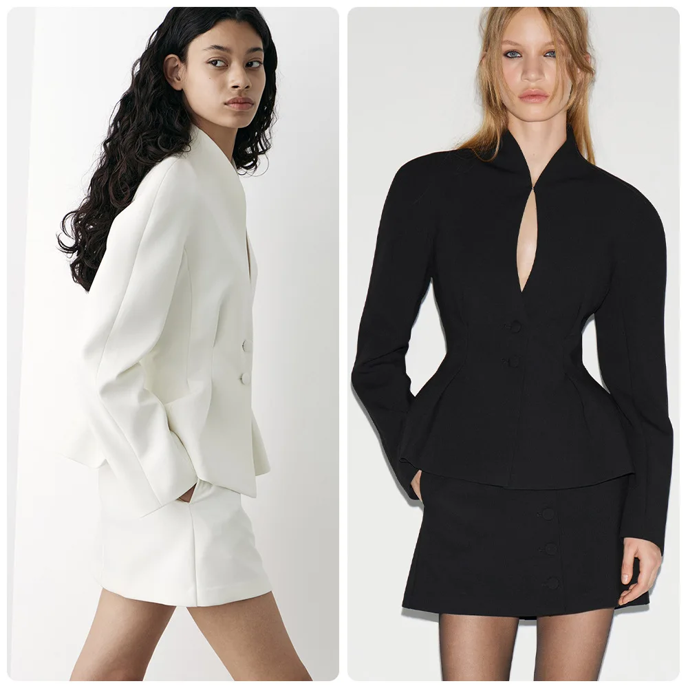 

Новый женский блейзер с длинным рукавом, приталенный, с рюшами, элегантный, с воротником-стойкой, облегающий, маленький костюмный пиджак, весна 2026
