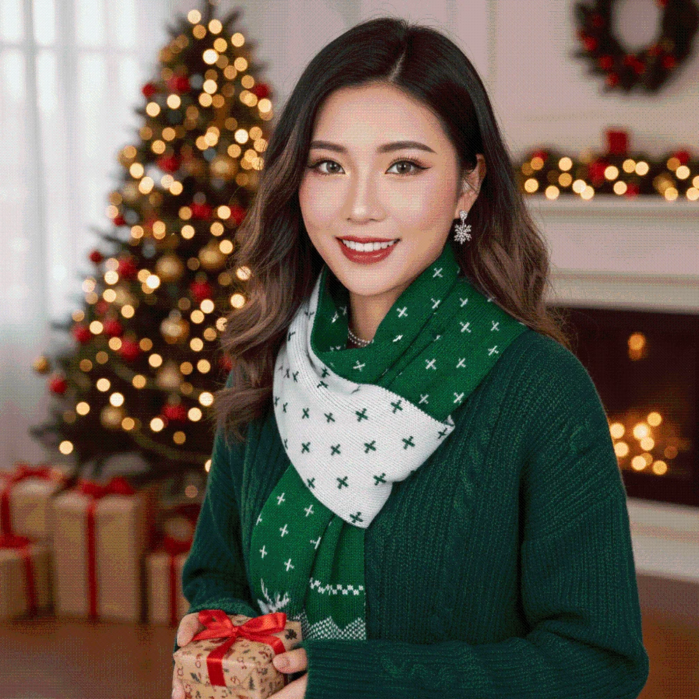 Thermal Yarn Christmas Hat Scarf Striped Pattern Bright Colors Knitted Holiday Scarf Snowflake Print Elastic Fit Xmas Beanie
