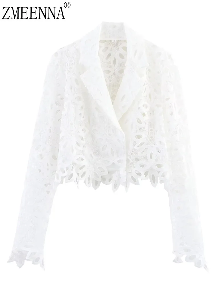 

ZMEENNA Women's Elegant Floral Lace Cropped Blazer Jacket Stylish Long Sleeve Open Front Sheer Spring Outerwear ZM3310