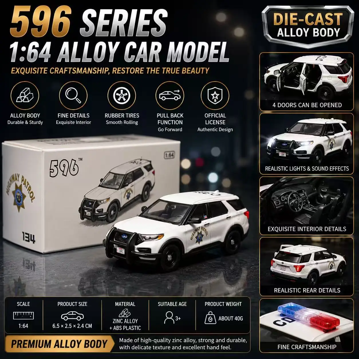 596-134 1:64 2020 Ford Explorer CHP California Highway Patrol White Bear Livery Diecast Police Car Model