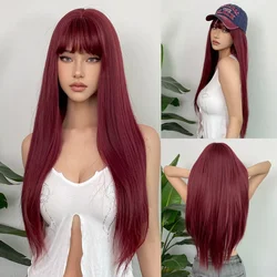 Burgundy Synthetic Hair Long Straight Cosplay Wigs Wine Red Hair for Women Synthetic Heat Resistant Wig with Natural Bangs Party