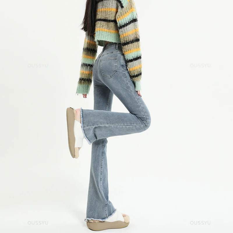 Spring Summer Flared Jeans Women Cotton Vintage Blue Denim Pants Streetwear Elastic High Waist Slim Harajuku Trouser Plus Length