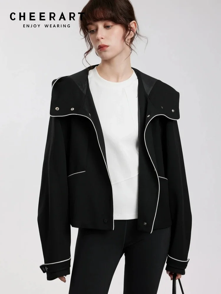 

CHEERART дизайнерская шерстяная зимняя куртка с капюшоном женская контрастного цвета пальто на молнии черная новая верхняя одежда осенняя мода 2025