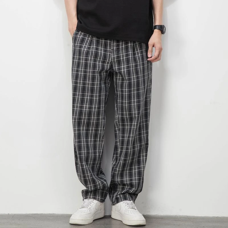 Casual Pants Man Check Plaid Wide Black Plus Size Slacks Cotton High Straight Trousers for Men Quality New in Sale Cheap Vintage