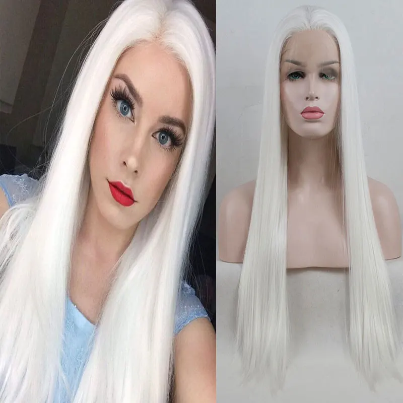 Pure White Straight Hair Synthetic 13X4 Lace Front Wigs High Quality Heat Resistant Fiber Hair Middle Parting For Fashion Women