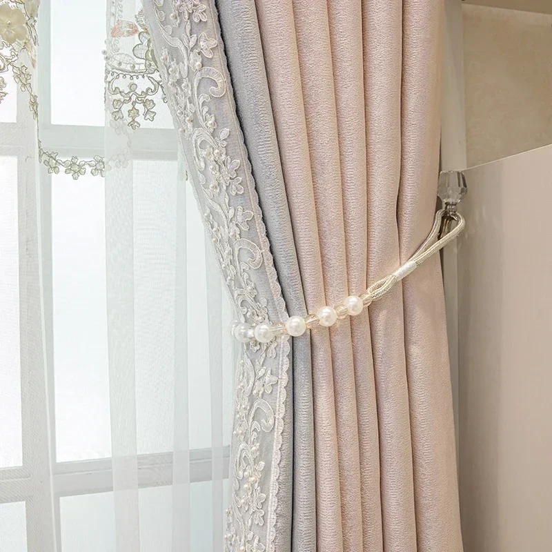 

Gray Pink Spliced Lace Girl Princess Style New Modern Style Nature Vertically Curtain For Living Room Bedroom Dining Custom Size