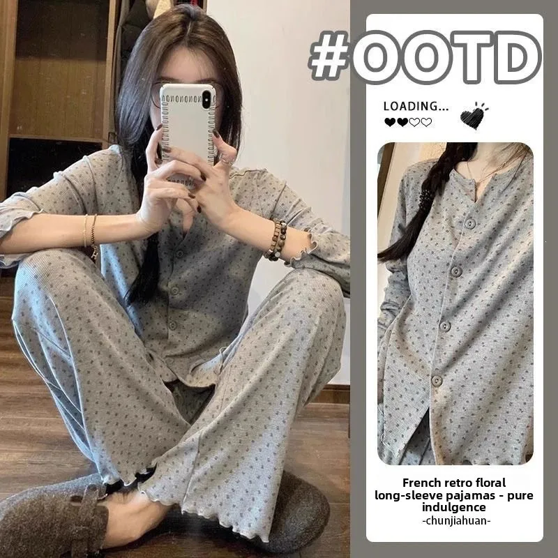 Retro Spring and Autumn Sweet Floral Pajamas for Women, Summer Cardigan New Loose Homewear Set with Long Sleeves and Pants