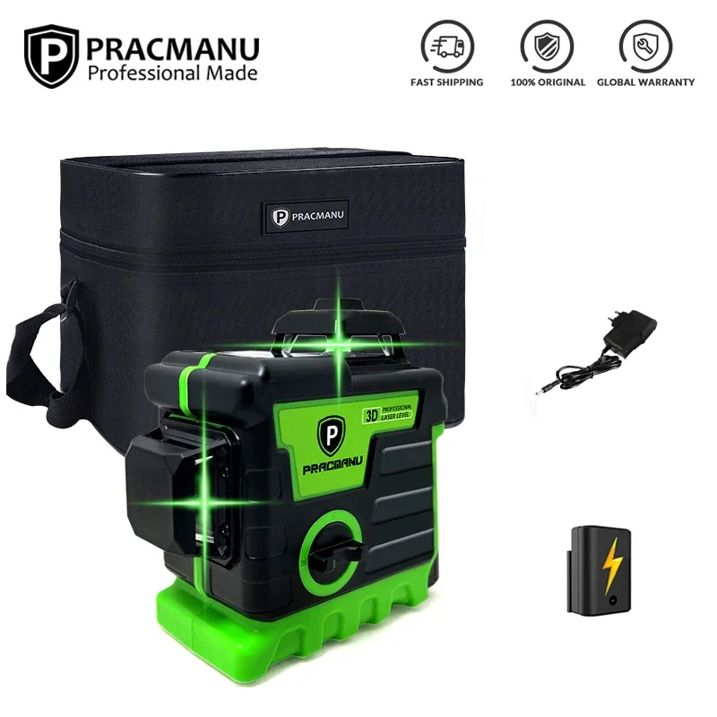 Pracmanu 12 Linee Laser Verde 3D Livello 360 ° Livella laser a linee incrociate orizzontali e verticali autolivellante automatica con 1/2 batterie