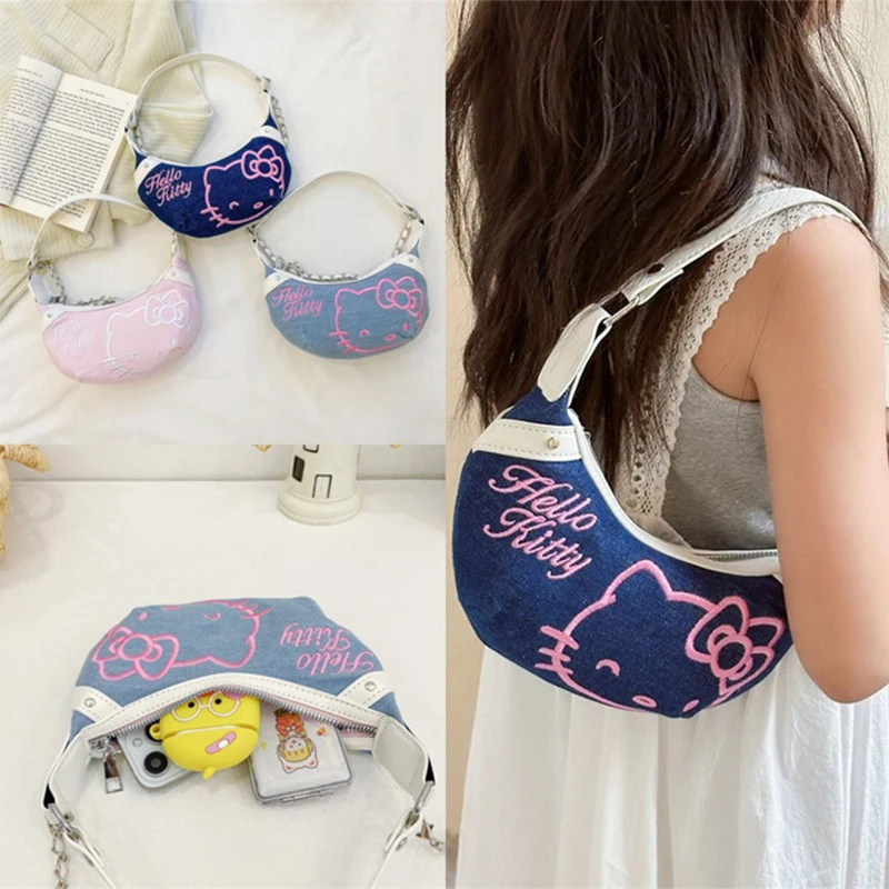 Sanrio Anime Hello Kitty Denim Dumpling Bag Large Capacity Girls Crossbody Bag Cartoon Coin Purse Shoulder Two Dimensions Bag