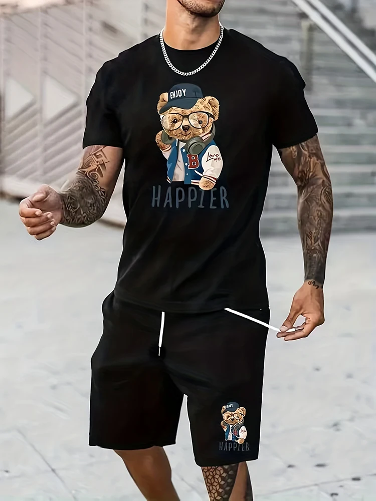 Teddy print bear t-shirt and shorts with string summer set men\'s home short sleeve shorts everyday men\'s summer pajama set