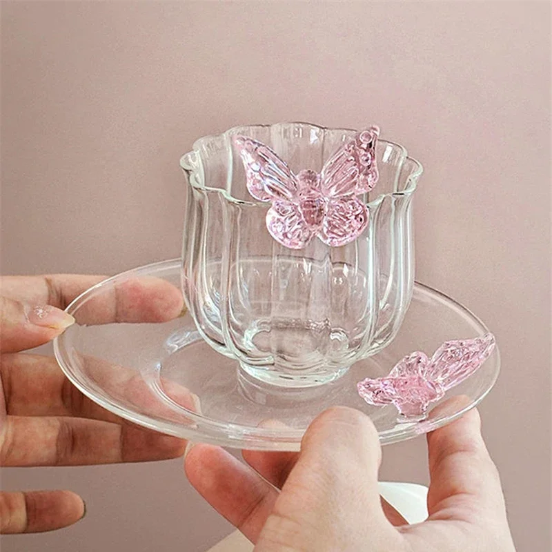 Coffee Cup and Saucer Set Glass Mug Butterfly Flower Afternoon Tea Set Dessert Plate Gift Elegant Household Drinking Utensils