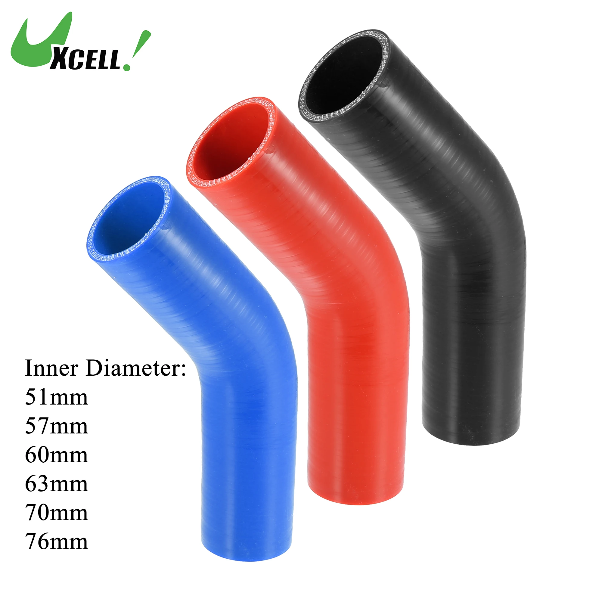 UXCELL 51mm 57mm 63mm 76mm ID 45 Degree Silicone Car Reducer Hose Coupler Intercooler Tube Pipe 3 Colors 125mm Length