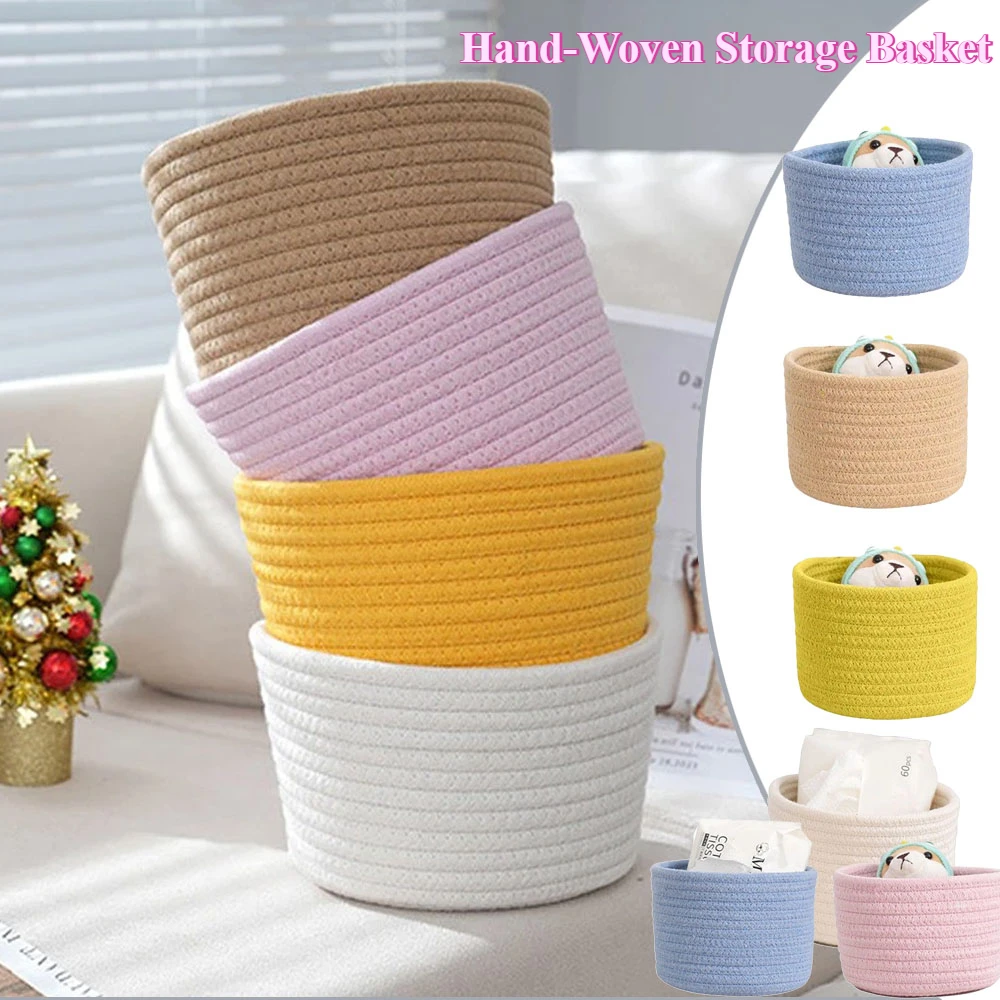 

1PC Handmade Woven Cotton Rope Woven Storage Basket Desktop Organizer Sundries Home Decoration Solid Color Organizador Cocina