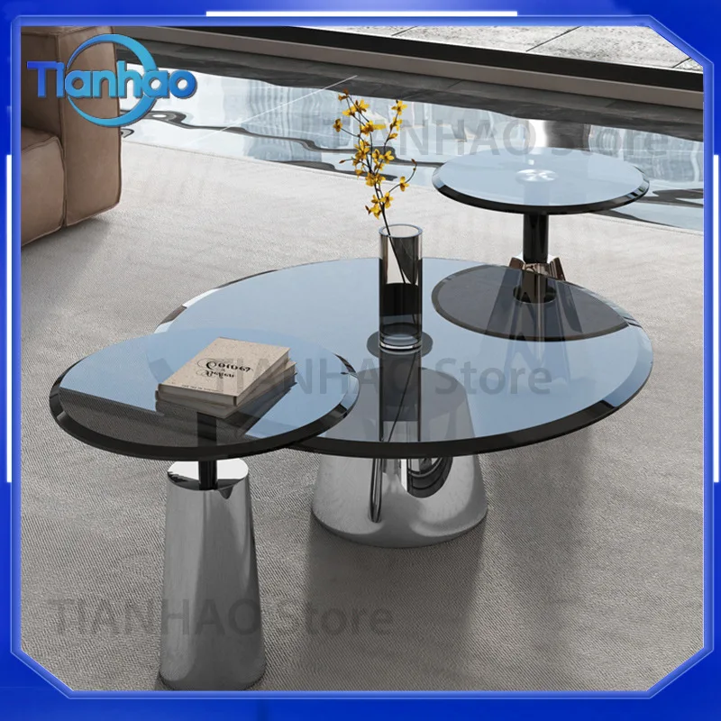 Round Side Table for Small Living Rooms Coffee Table for Home Use Stainless Steel Silver Tempered Glass Corner Table Luxury