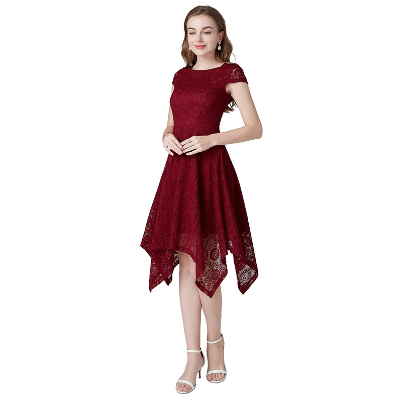 DongCMY High_Low Lace O-Neck Burgundy Color Prom Dress Elegant Plus Size Special Occasion Vestidos Gala For Women