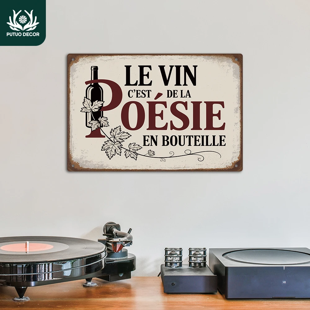 Putuo Decor 1 Stück französisches Vintage-Metallblechschild, Le Vin C'est de la poésie en bouteille, Wandkunst-Dekor für Home Pub Club, Geschenk