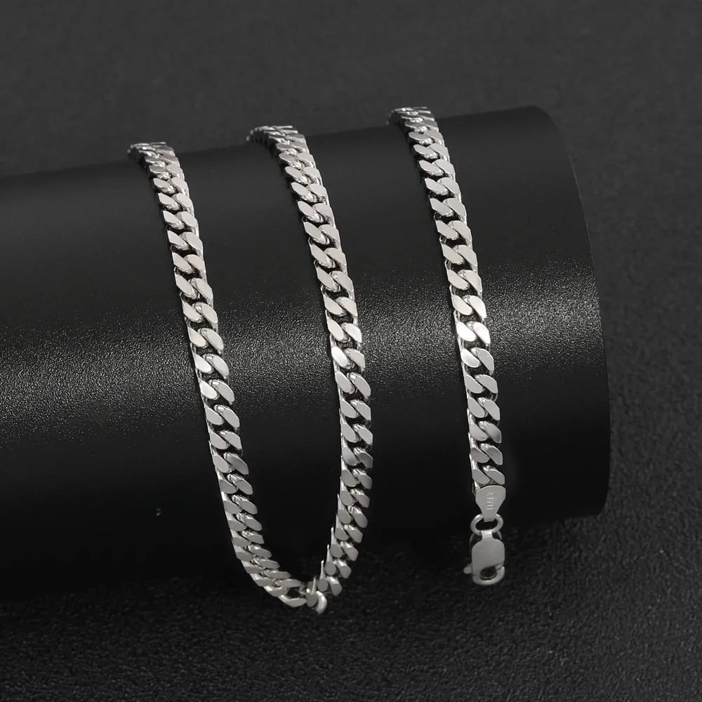 Trendy Miami Cuban Chain S925 Sterling Silver Jewelry 4mm Flat Punk Hip Hop Men's Chopin Link Chain Sweater Necklace 20-26