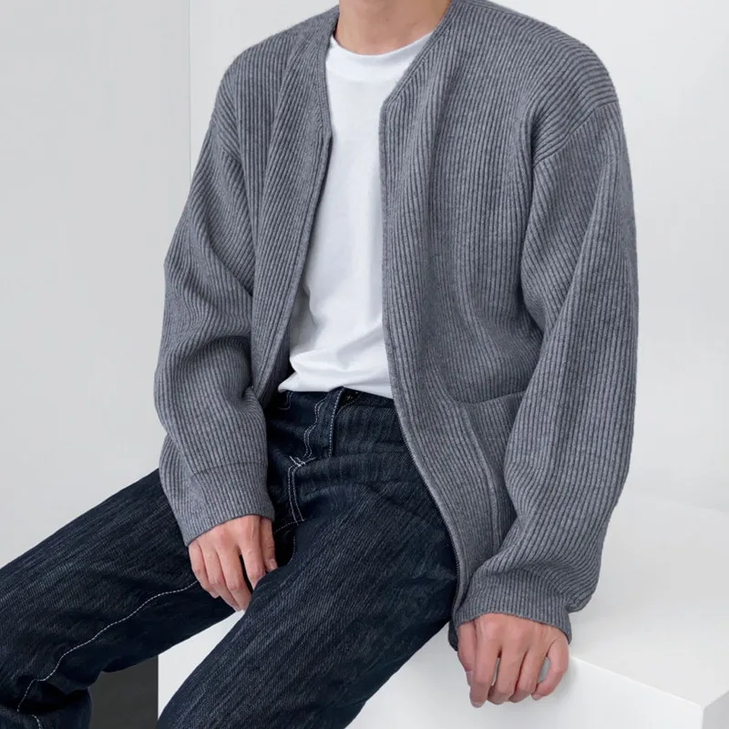 كارديجان رجالي منسوج بأكمام طويلة ورقبة دائرية ، سترة بسحاب ، جاكيت فضفاض وغير رسمي ، معاطف أحادية اللون ، موضة الخريف والشتاء ، جديد #3
