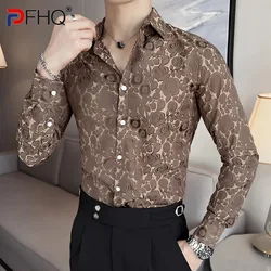 PFHQ Spring New Men's Light Luxury Mesh Jacquard Slim Fit Long Sleeved Shirts Fashion Outdoor Handsome Print Cool Tops 21Z3929