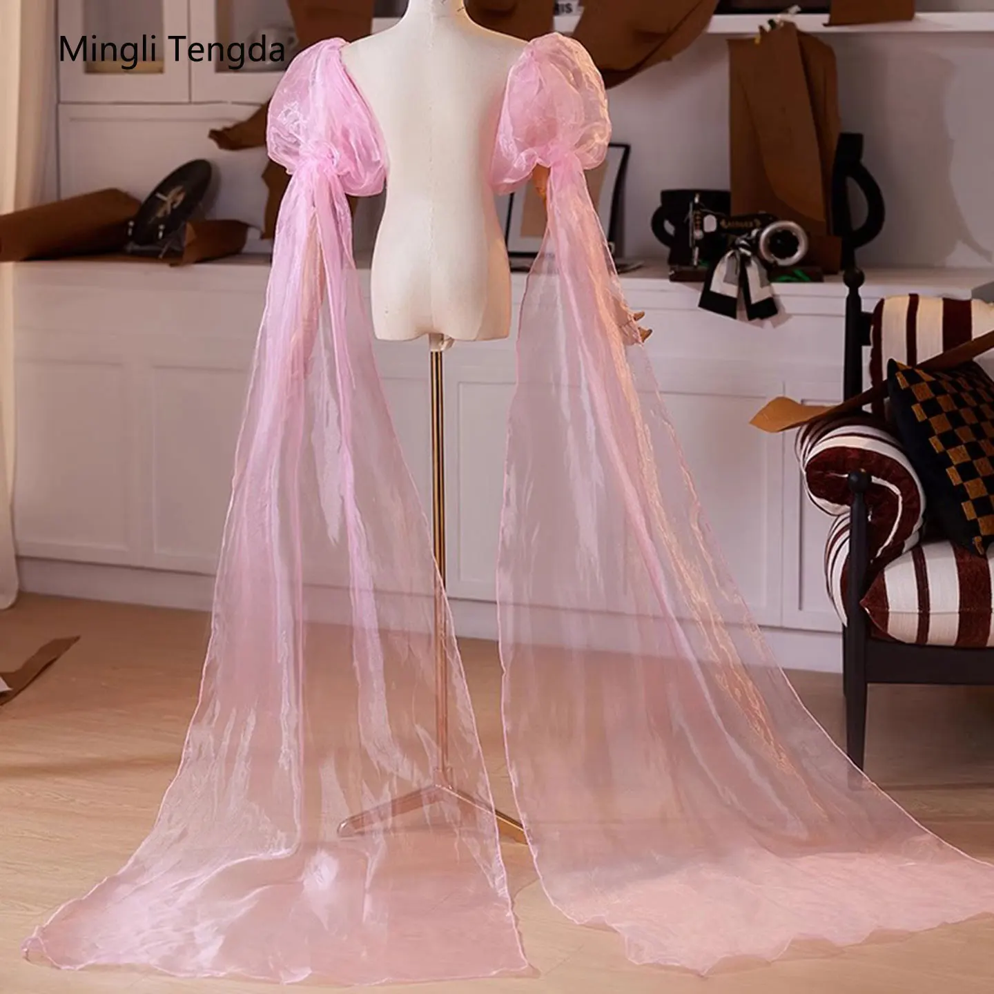 

Mingli Tengda Fluffy Long Sleeves Pink Organza Bride Gloves For Wedding Covered Arms Accessories Bridal Glove Exaggerate