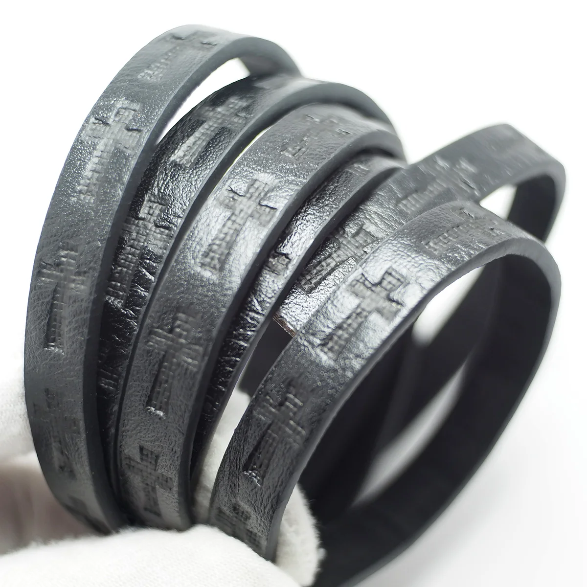46inch Black Leather Cord,Cross Embossed,10x3mm Leather Strip,Vintage Jewelry Cord, Waist Chain Bracelet Making