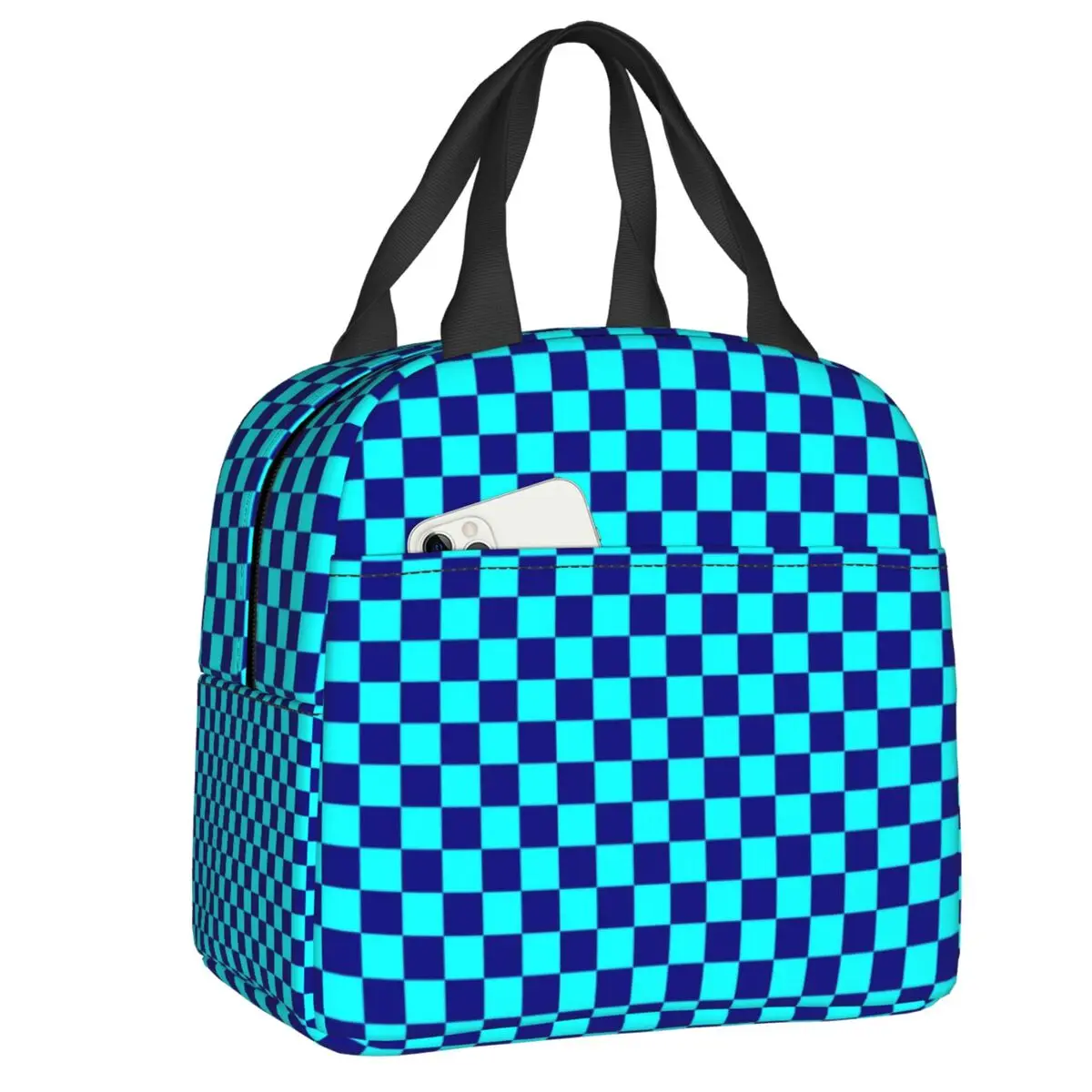 Borsa per il pranzo isolata scozzese personalizzata ciano e blu navy a scacchiera da donna Borsa termica per il pranzo a tenuta stagna per ufficio, lavoro, scuola