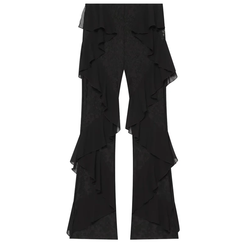 HXAO Multi-Layer Ruffle Women's Pants Summer Baggy Black Wide Pants Woman Lace Fluid Trousers Mid Waist Straight Leg Trousers