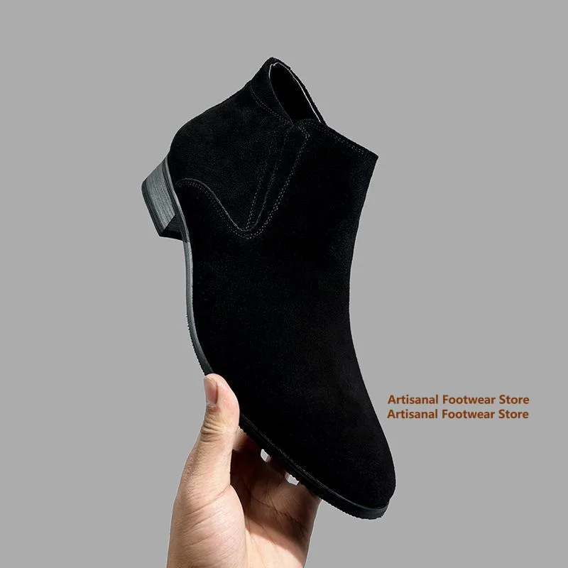 Men's Black Suede Chelsea Ankle Boots Side Zipper Low Block Heel Booties Classic Dress Boots Trendy Autumn/winter Men's Boots