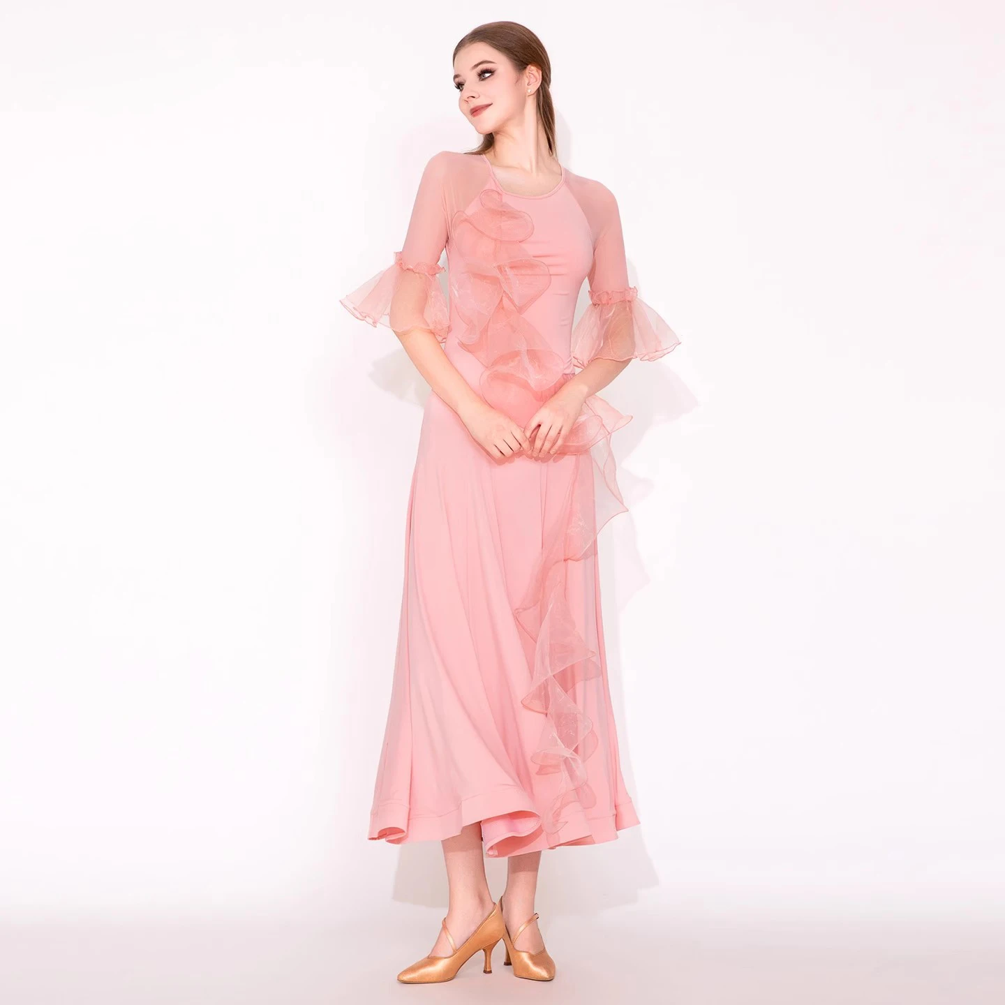 الوردي المرأة قاعة الرقص فساتين الوطنية القياسية الفالس المنافسة الملابس الراقية الأداء الحديث الأزياء الحديثة