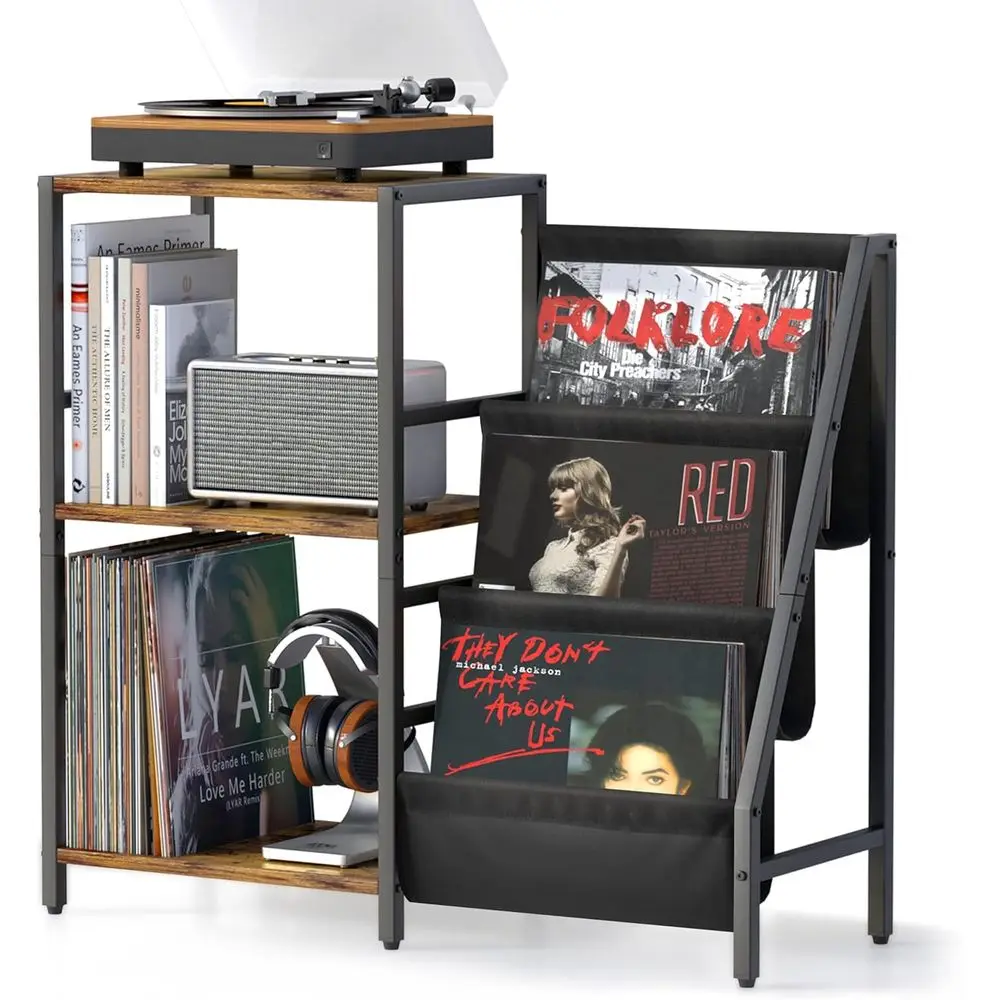 

Stereo Record Player Stand with Vinyl Storage or 200 Albums, Turntable Display Shelf, Black
