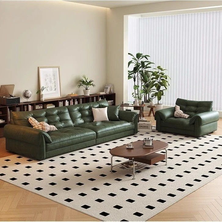 Italian minimalist leather sofa living room French retro straight row elephant ears oil wax leather sofa group