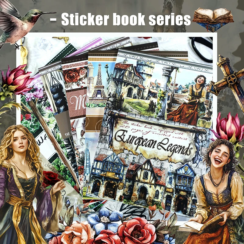 20 Vellen Retro Waterdicht Voorgesneden Groot Formaat Karakter Sticker Boek PET Sticker Set Creatieve A5 Landschap Karakter Sticker Gift