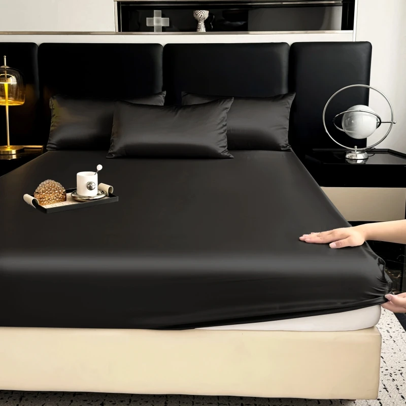 3 Pcs or 1 Pcs High End Ice Silk Bed Sheet Set Luxury Solid Color Silk Fitted Sheet Soft Smooth Satin Bed Linen Pillowcases