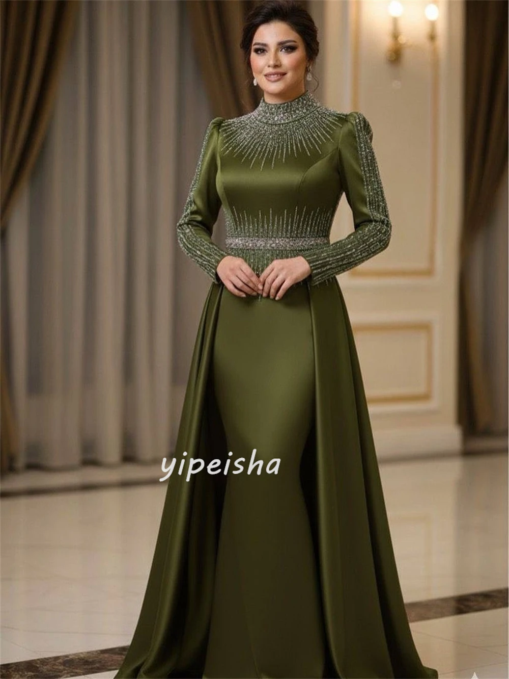 맞춤형 고급 포멀 샤무즈 라인스톤 주름 머메이드 하이 칼라 롱 드레스 맞춤형 행사 드레스 세트