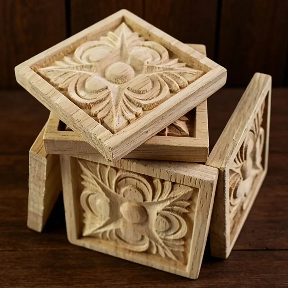 10PCS 6/8/10cm Floral Wood Carved Decal Corner Appliques Frame Wall Furniture Woodcarving Decorative Wooden Figurines Crafts