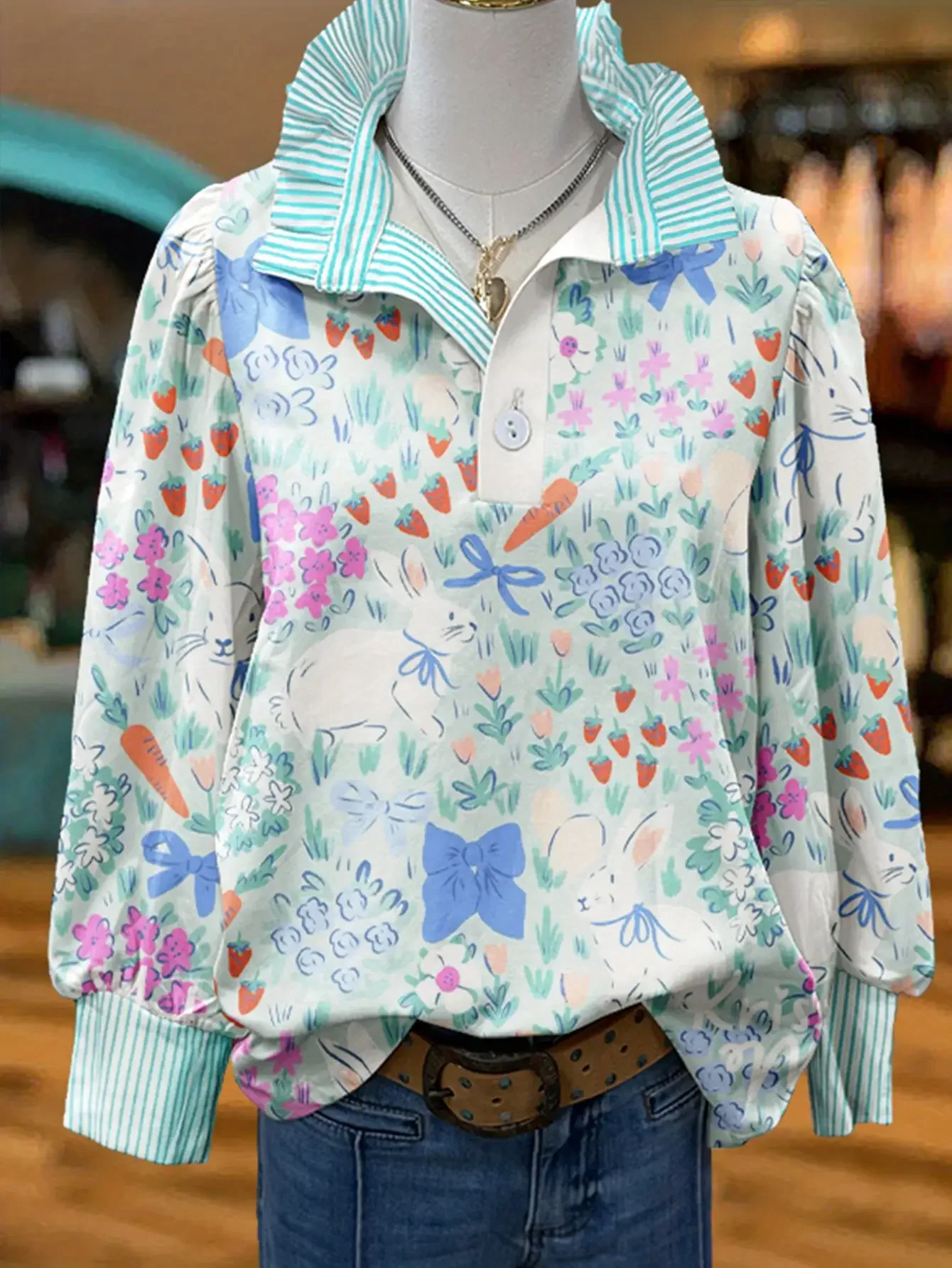 Christmas women's striped shirt with multi-color striped collar and half button shirt with Perris pattern, 