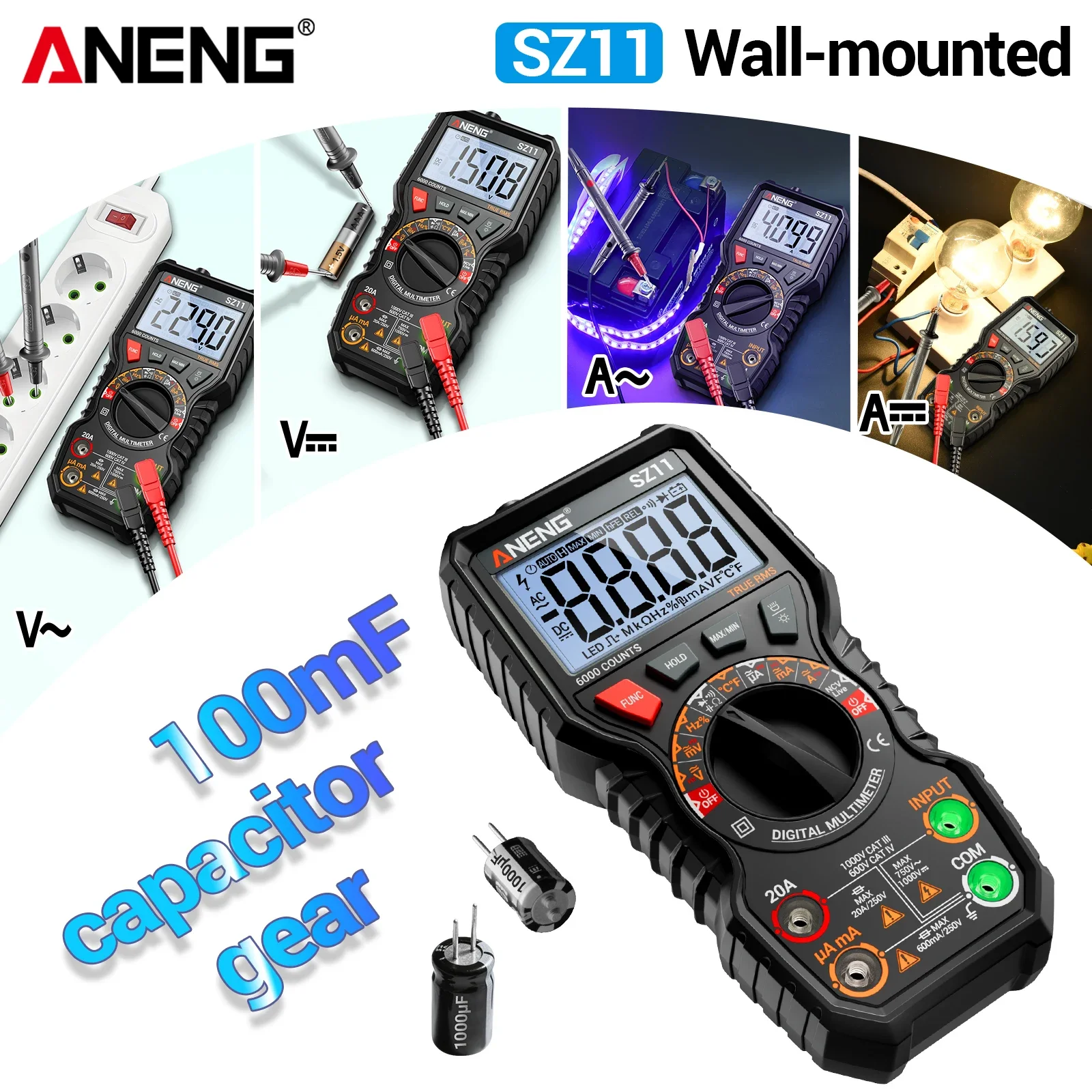 ANENG SZ11 Digital Multimeter 6000 Counts 1000V AC/DC 20A NCV Dual Temp Capacitance Hz Duty Cycle Backlight Flashlight Data Hold