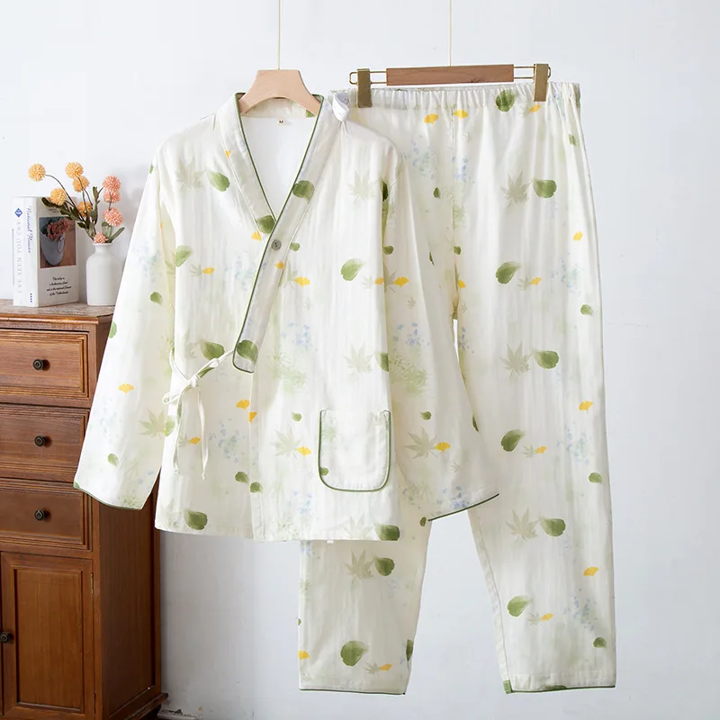 

2025 Pastoral Cotton Double-layer Gauze Confinement Clothes V-Neck Long Sleeve Trousers Adjustable Thin Breastfeeding Pajamas