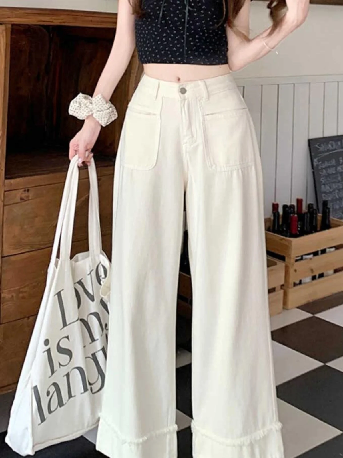 하이웨이스트 스트레이트 레그 진 여성 플러스 사이즈 스플라이싱 프레이드 헴 캐주얼 와이드 레그 롱 팬츠 봄 가을 솔리드 컬러