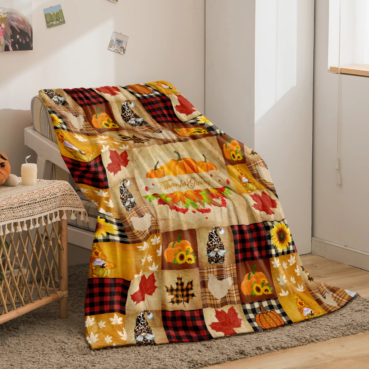 Flannel Thanksgiving Brown Pumpkin Patterned Printed Blanket, Comfortable Sofa, Air-conditioned Room Cover Blanket