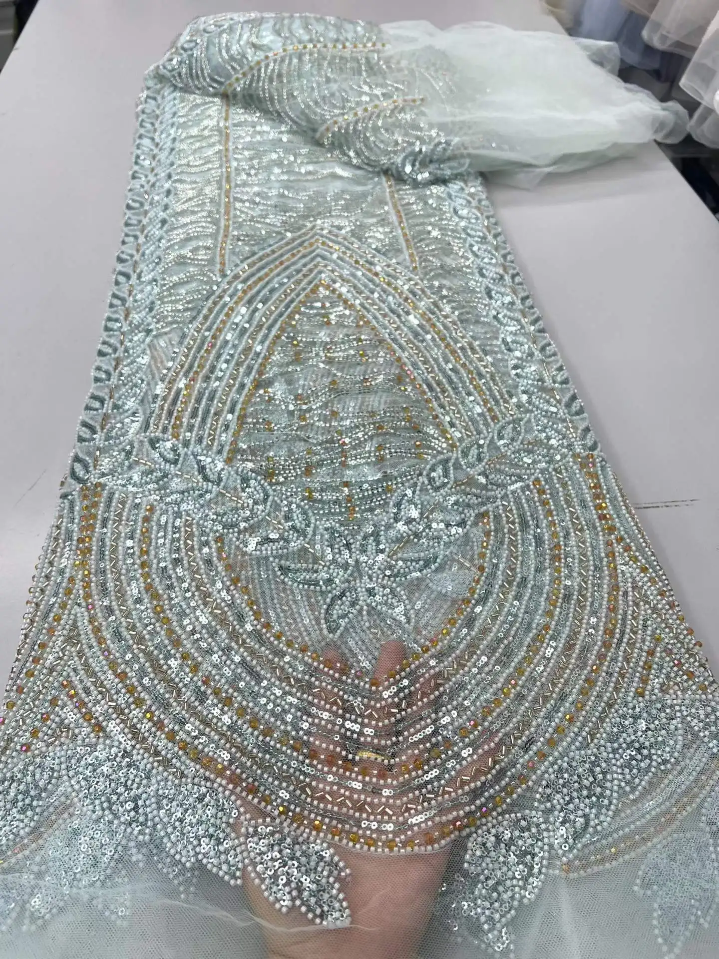 French Heavy Beads Lace Fabric African Sequins Groom High-Quality Net Fabric for Nigerian Wedding Party Dresses