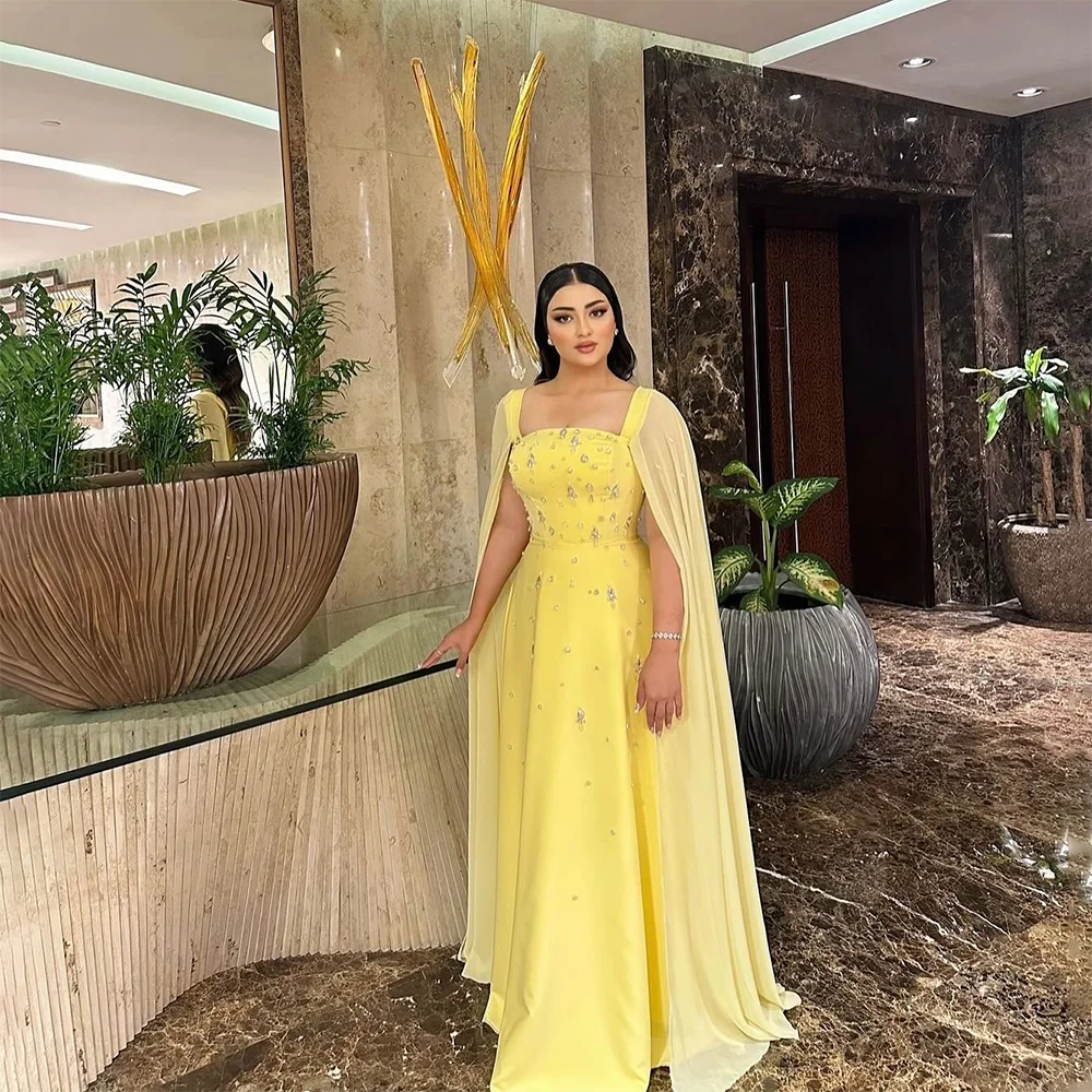 

Yellow Formal Evening Dress Customized Square Neck Long Sleeves Evening Gowns Crystal Pleat Floor Length Party Dresses 2026