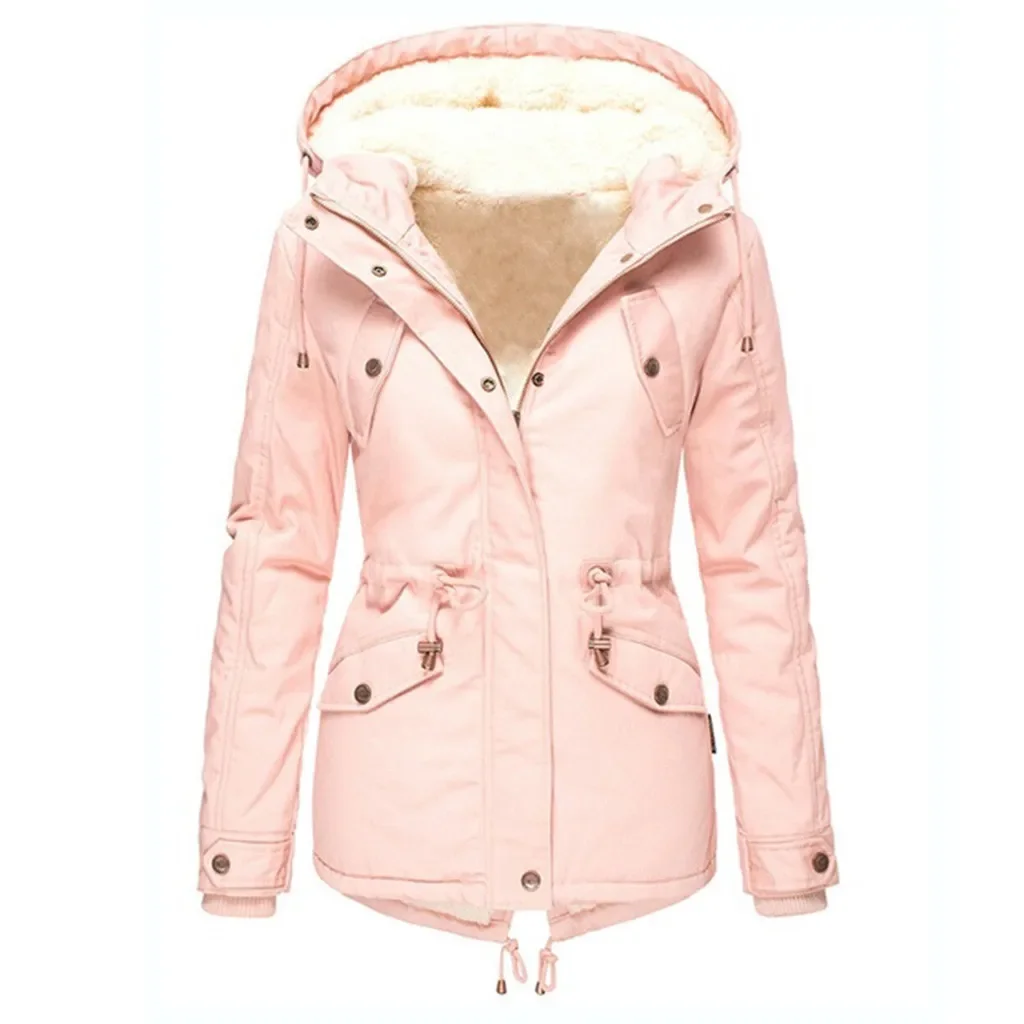 Women's Thickened Fleece Lined Cotton Jacket Winter Coat with Pockets Warm Fluffy Long Sleeve Hooded Slimming Coat