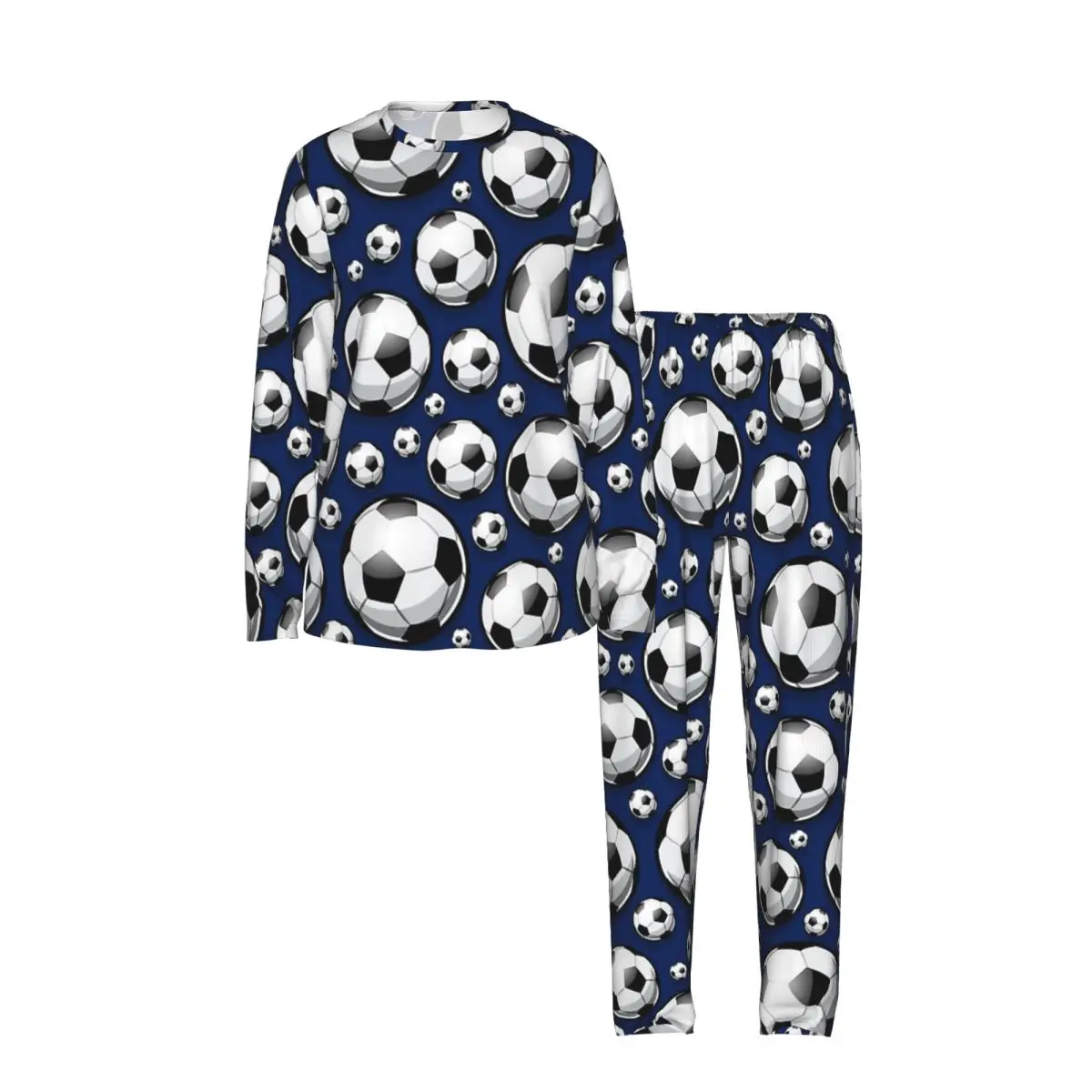 Soccer Ball Balls Pattern Blue Football Sport Round Neck Long Sleeves Nightdress for Sleeping Women Loose Pajama Set Long Pants
