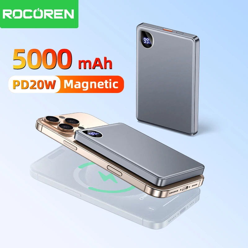 

Rocoren 5000mAh Magnetic PowerBank Fast Charging PD20W Thin Power Bank Portable Wireless Charger Battery For iPhone16 15 Pro Max
